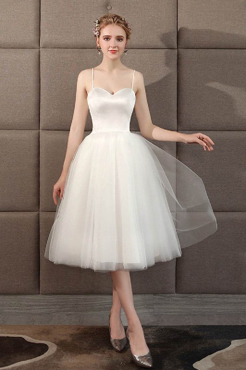 A-Line Tea Length Satin Tulle Wedding Dress 773541090129 - COCOMELODY